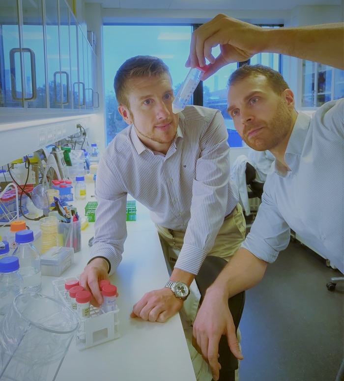 Two researchers looking at test tubes