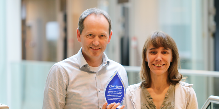 Sheila and Alex with Blue Flame Award from Addgene